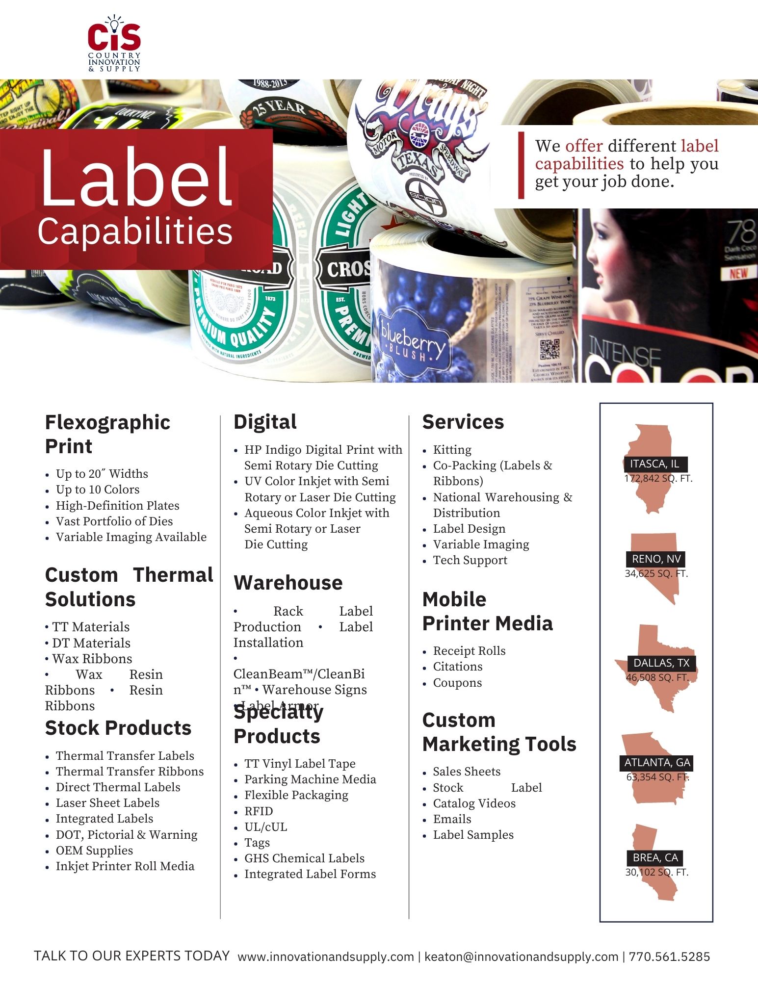 Country Innovation & Supply label capabilities overview, including flexographic, digital, thermal, warehouse, and specialty label services